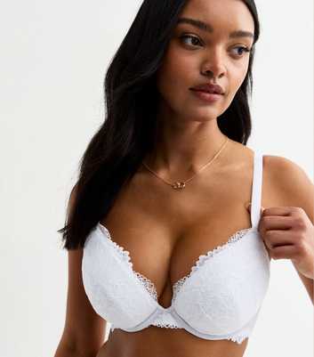 White DD+ Floral Lace Plunge Bra 