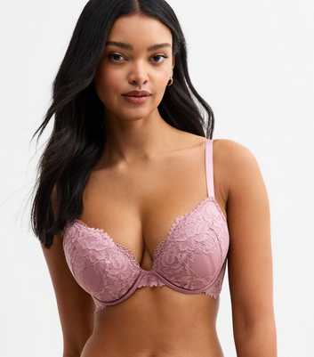 Pink DD+ Floral Lace Plunge Bra 