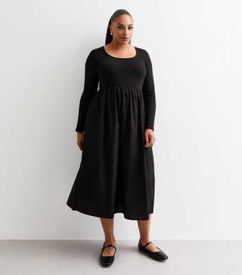 Curves Black Cotton Poplin Mix Long Sleeve Midi Dress