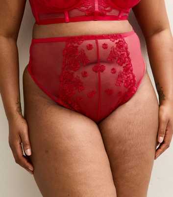 Curves Red Floral Embroidered Lace High Waist Thong