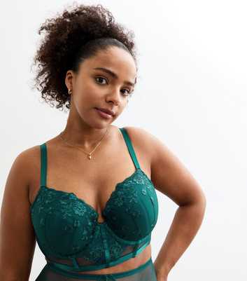 Curves Green Floral Embroidered Padded Mesh Bra