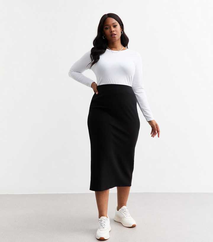 Curves Black Ribbed Jersey Midi Skirt