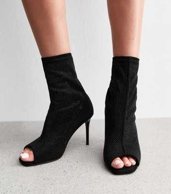 Wide Fit Black Embellished Peep Toe Ankle Boots