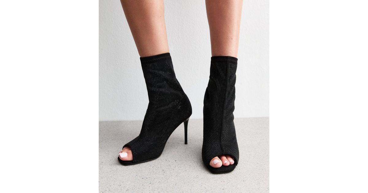 Wide Fit Black Embellished Peep Toe Ankle Boots New Look