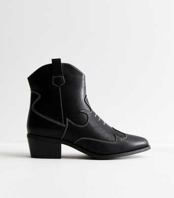 Wide Fit Black Faux Leather Western Ankle Boots