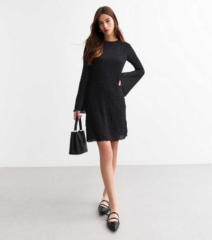 Black Flared Sleeve Textured Mini Skater Dress | New Look