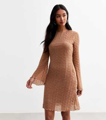 Camel Flared Sleeve Textured Mini Dress