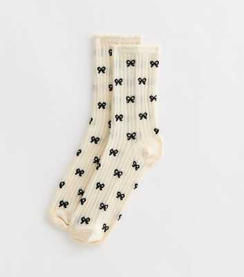 Off White Bow Pattern Cotton Blend Socks