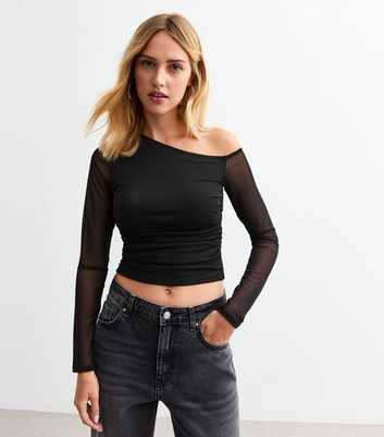 Black Ruched Mesh One Shoulder Long Sleeve Crop Top