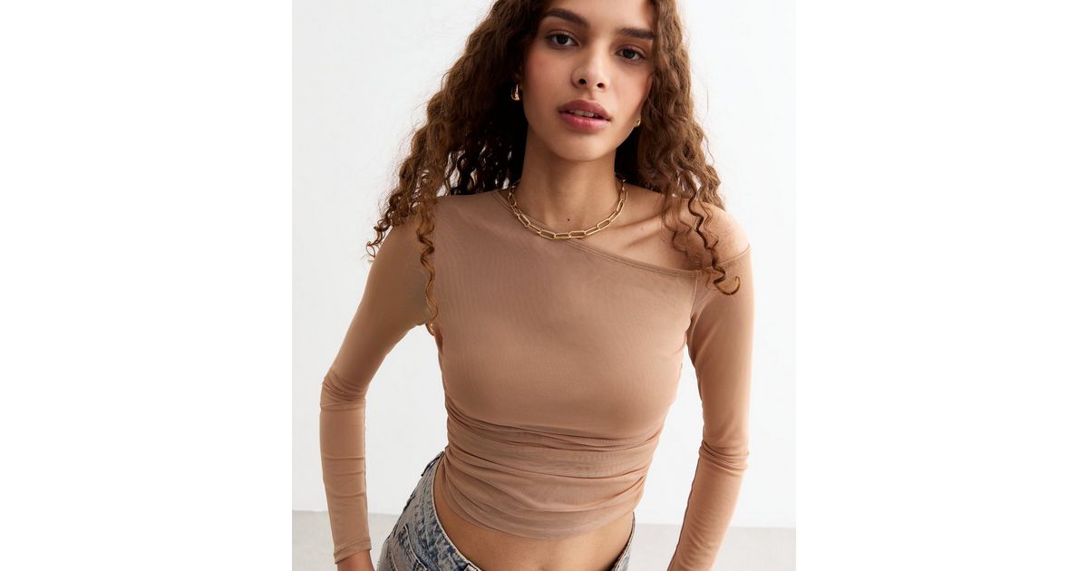 Camel Mesh Jumper Womens Camel Ruched Mesh One Shoulder