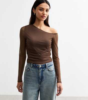 Brown Ruched Mesh One Shoulder Long Sleeve Crop Top