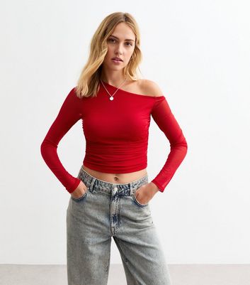 Red Ruched Mesh One Shoulder Long Sleeve Crop Top New Look