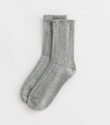 Grey Frill Edge Cable Knit Socks