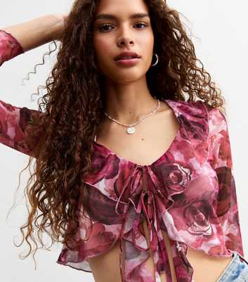 Pink Tie Front Floral Print Ruffled Crop Top