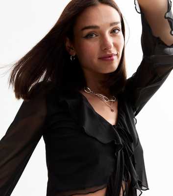 Black Ruffle Trim Tie Front Top