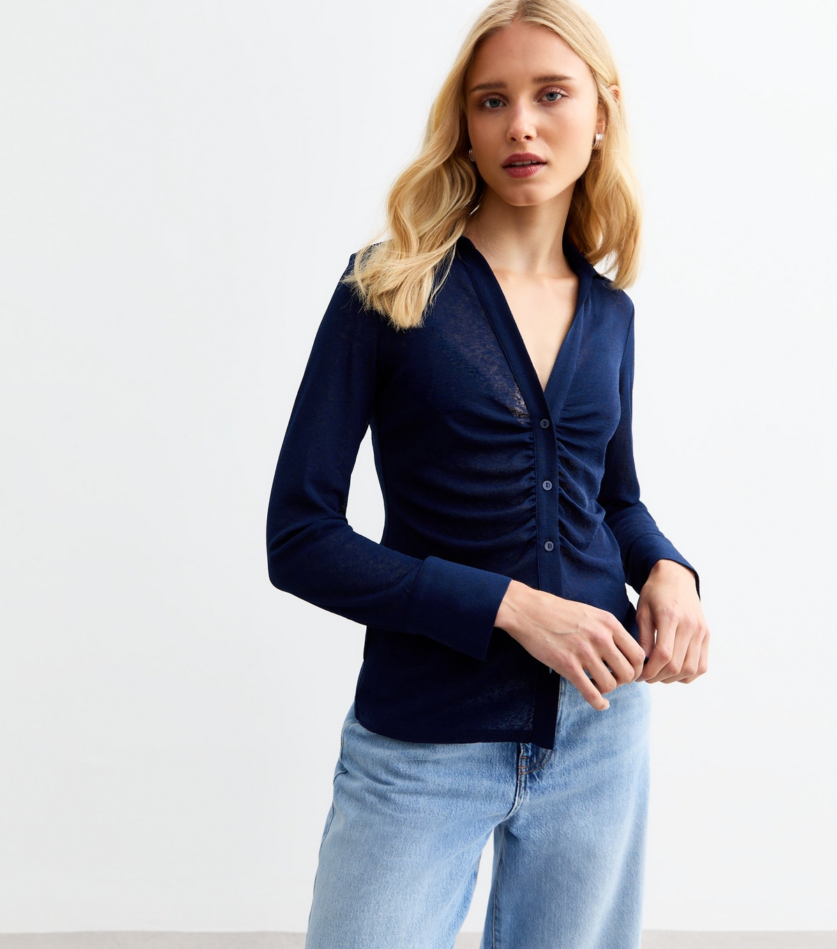 Women's Navy Ruched Mesh V-Neck Shirt New Look