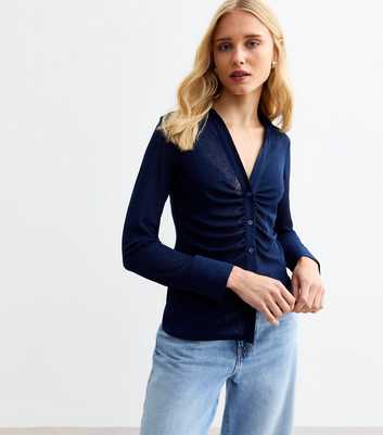 Navy Ruched Mesh V-Neck Shirt