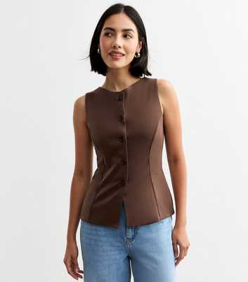 Brown Crew Neck Button Down Top