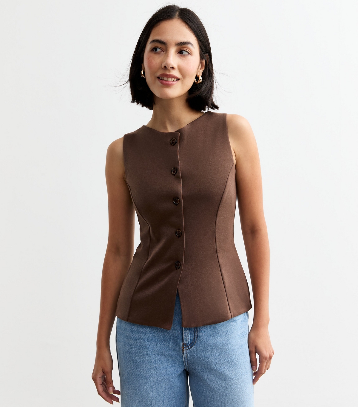 Women's Brown Crew Neck Button Down Top New Look