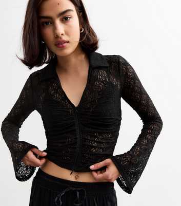 Black Ruched Lace Zip Through Shirt