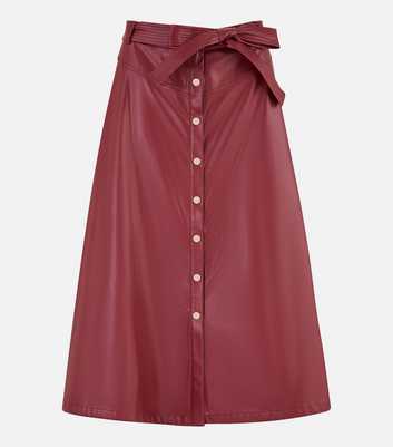 Yumi Burgundy Leather-Look Belted Waist Midi Skirt