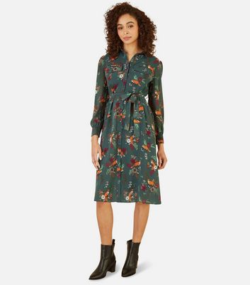 Yumi Green Fox Print Midi Shirt Dress New Look