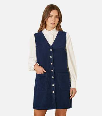 Yumi Navy Corduroy V-Neck Button Through Mini Dress