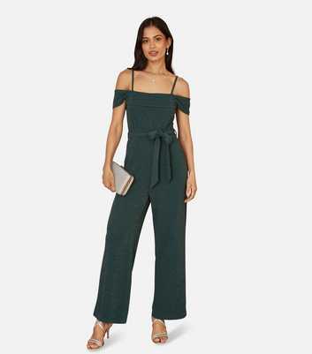 Yumi Green Metallic Detail Bardot Belted Wide Leg Jumpsuit