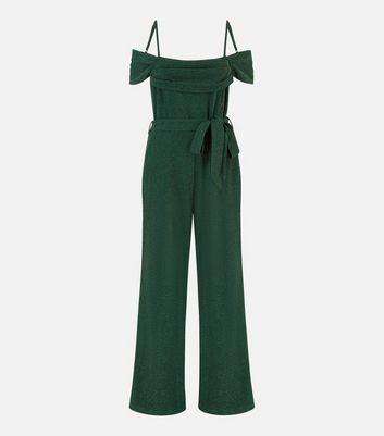 Yumi Green Metallic Detail Bardot Belted Wide Leg Jumpsuit New Look