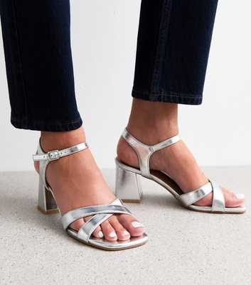 Silver Crossover Strap Block Heel Sandals