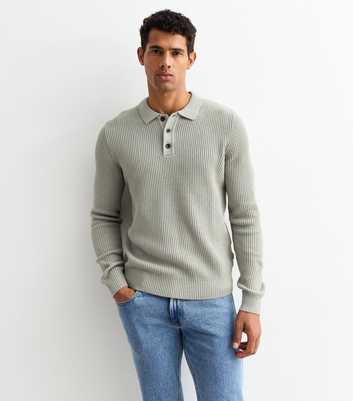 Jack & Jones Grey Rib Knit Long Sleeve Polo Shirt 