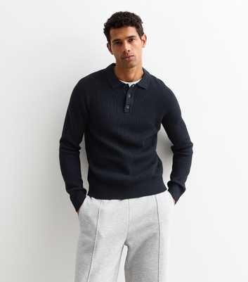 Jack & Jones Navy Rib Knit Long Sleeve Polo Shirt 