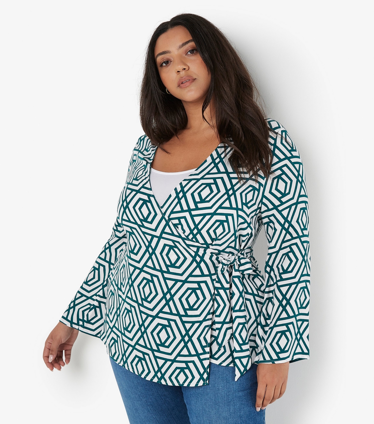Women's Plus Size Green Geo Print Wrap Top Curves Apricot New Look