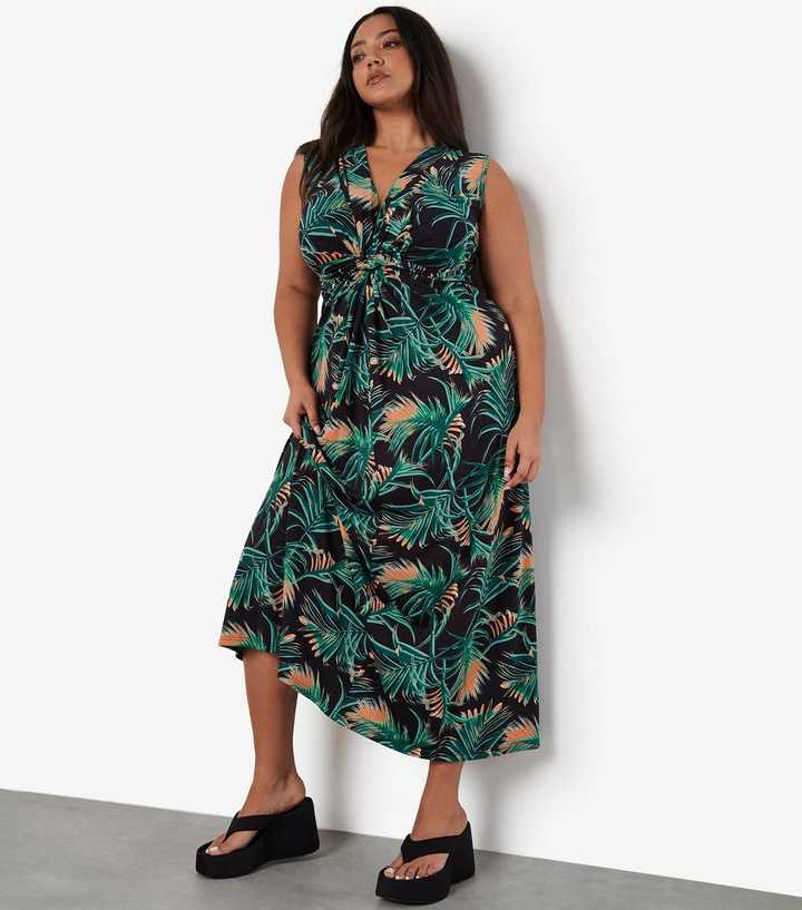 Apricot Curve Black Palm Leaf Print Midi Dress