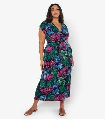 Apricot Curves Navy Tropical Print Midi Wrap Dress