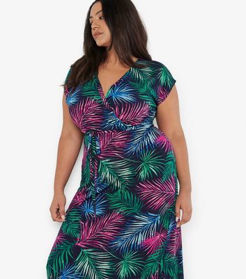 Apricot Curves Navy Tropical Print Midi Wrap Dress New Look