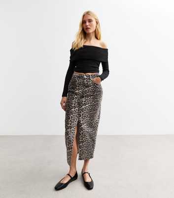 Brown Leopard Print Midi Denim Skirt