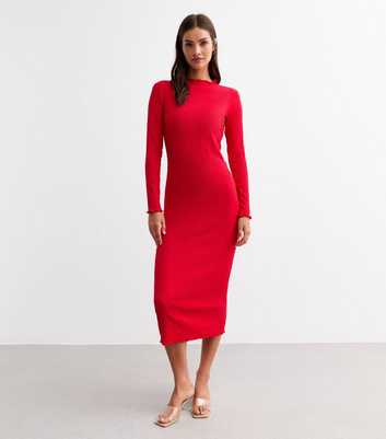 Red Crinkled Long Sleeve Midi Dress