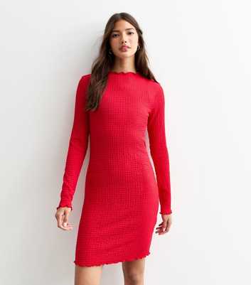 Red Crinkled Long Sleeve Mini Dress