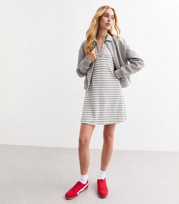 Grey Polo Collar Striped Ribbed Jersey Dress New Look