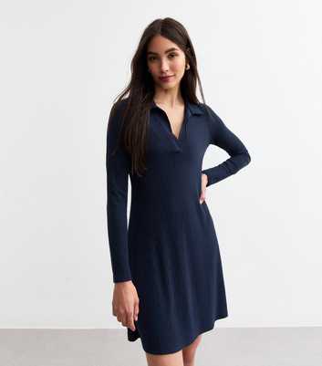 Navy Ribbed Jersey Long Sleeve Mini Skater Dress