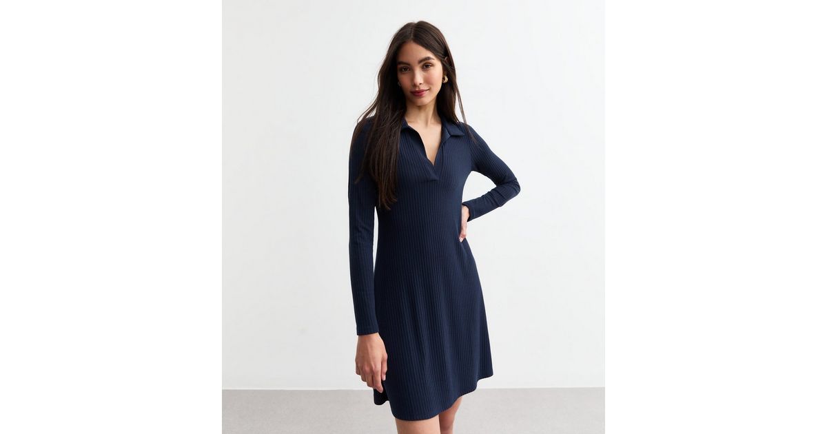 blue skater dress with sleeves Blue Square Neck With Pearl Details Skater Dress