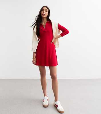 Red Ribbed Jersey Long Sleeve Mini Skater Dress