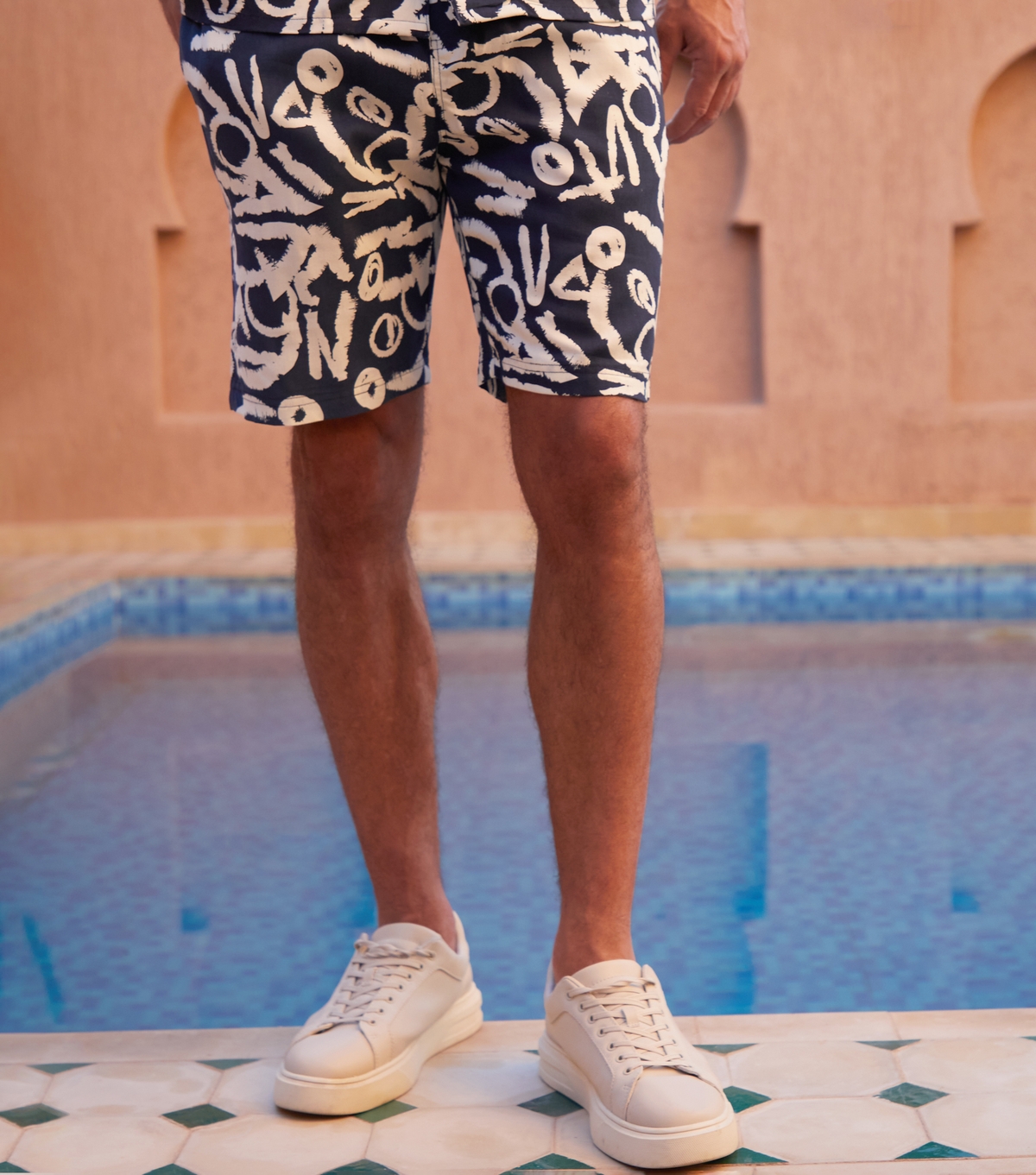 Men's Navy Abstract-Print Shorts Threadbare New Look