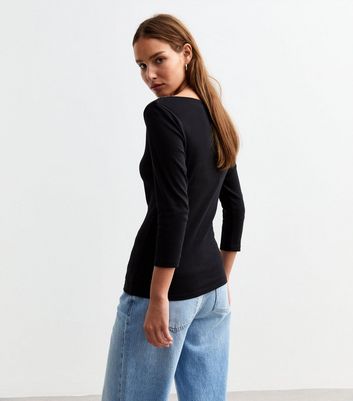 Black Boat Neck Cropped Sleeve Top | New Look