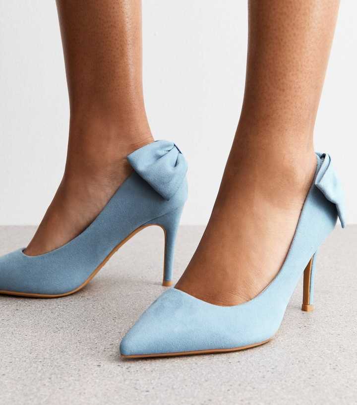 Wide Fit Blue Bow Back Faux Suede Court Shoes