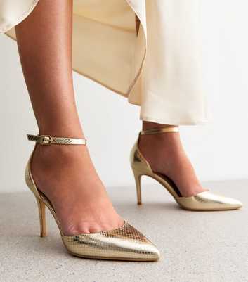 Gold Snakeskin Effect Open Court Shoes