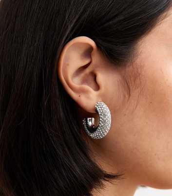 Silver Tone Diamanté Chunky Hoop Earrings