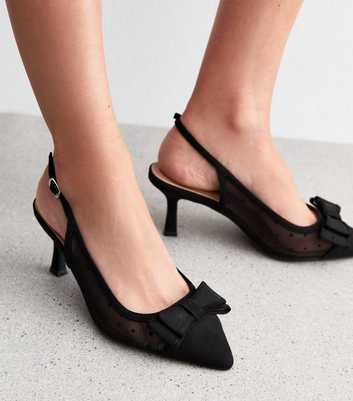 Wide Fit Black Bow Appliquèd Mesh Slingback Court Shoes