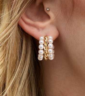 Gold Tone Triple Faux Pearl Twist Earrings